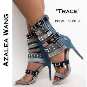 Azalea Wang Trace Heels 6 Denim Strappy Mid Calf Silver Studded Rhinestone NEW